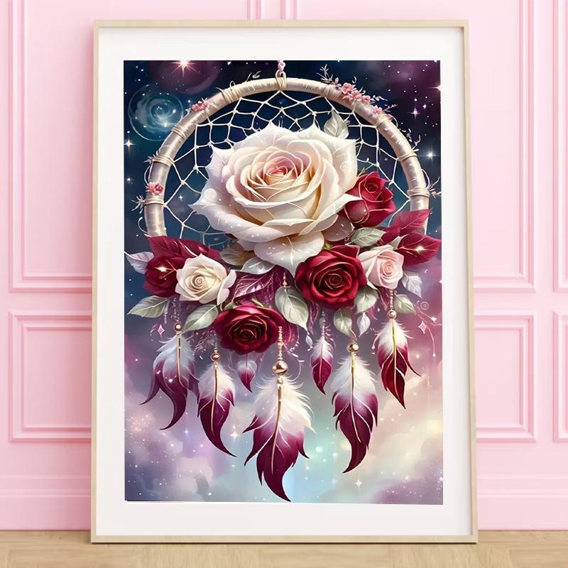 Rose & Feather Pattern DIY Diamond Arts Colorful Painting Kit without Frame, DIY 5D Diamond Arts Colorful Painting Kit, Wall Art Decor for Home Living Room Bedroom