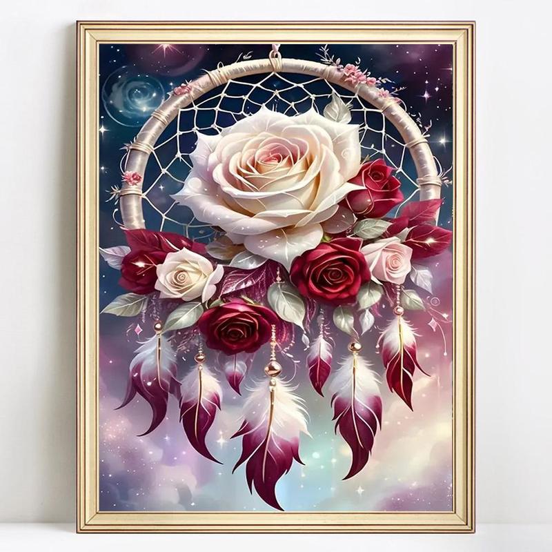 Rose & Feather Pattern DIY Diamond Arts Colorful Painting Kit without Frame, DIY 5D Diamond Arts Colorful Painting Kit, Wall Art Decor for Home Living Room Bedroom