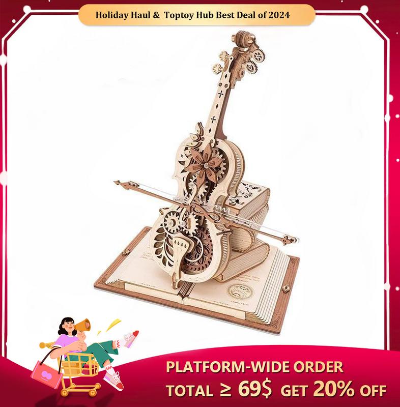 ROBOTIME AMK63 Magic Cello Adults 3D Puzzles -3D Wooden Puzzles for Adults - Wooden Music Box Puzzle to Build - Enjoy the Elegant and Beautiful Melody Unique Music Gift Hobby Kits Great Christmas Gifts Halloween Gifts Birthday Gifts