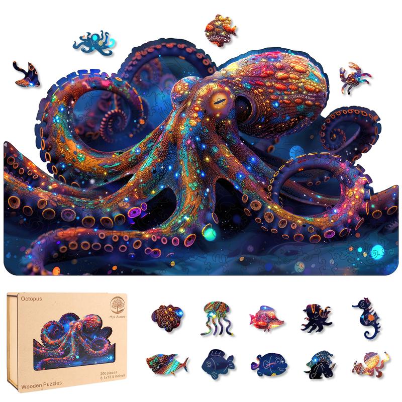 Fantacy Octopus Mys Aurora Wooden Jigsaw Puzzle for Kids and Adults 200 Pcs Unique Shape Nice Box Packing Fun Challenging Brain Exercise Family Game Creative Gift for Friends Parents Grandparents Multicoloured
