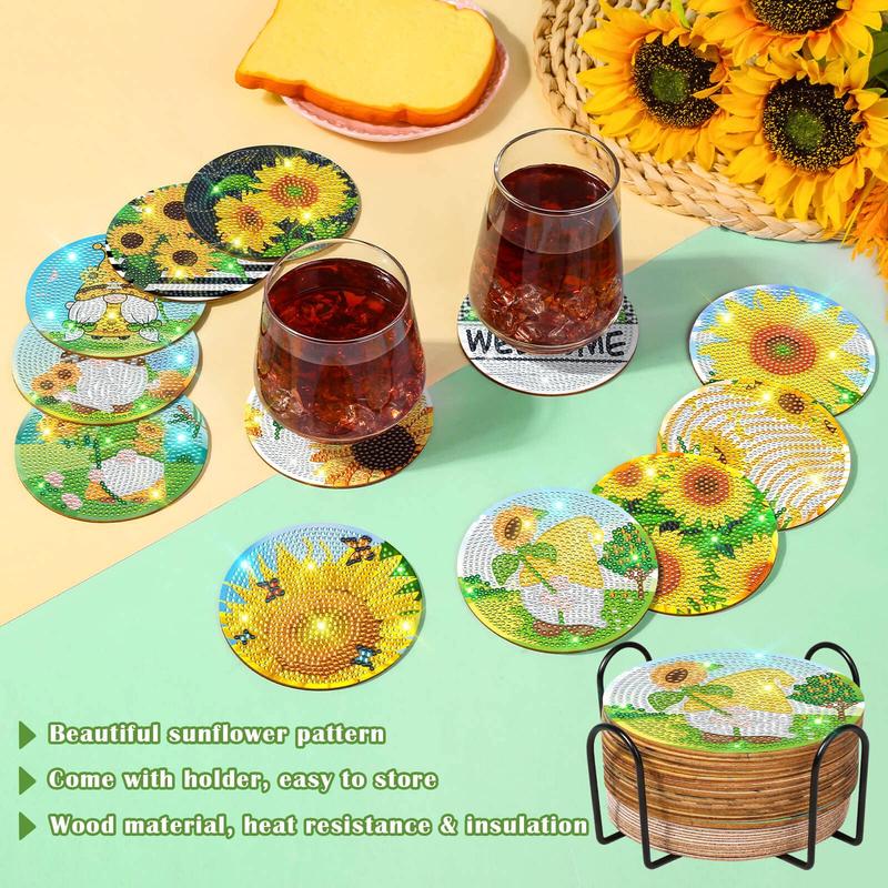 12 Pieces Sunflower Diamond Art Painting Coasters Kit with Holder,  Diamond Art Coasters, DIY Diamond Art Crafts Projects, Diamond Dot Kits for Adults and Beginners Sunflower