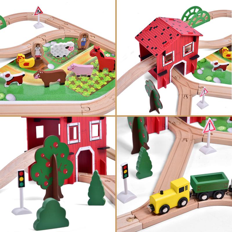 77PCS Wooden Train Set Magnetic Trains and Farm Railway Tracks for Kids Toddlers Toys Birthday Gifts