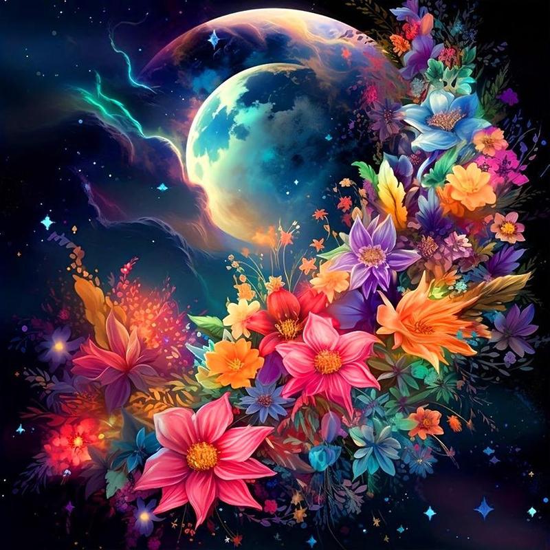 Flower & Moon Pattern DIY Diamond Arts Colorful Painting Kit without Frame, 5D Diamond Arts Colorful Painting Kit, Wall Art Decor for Home Bedroom