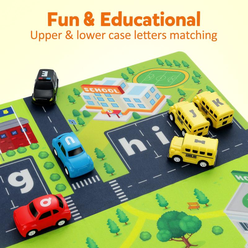 Coogam Alphabet Maze Playmat with 26pcs Pull-Back Car, Alphabet Letter Matching Game Toy Gift for Kids