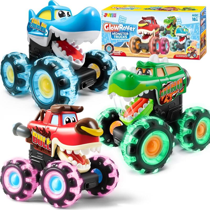 3 Pack Monster Truck Toy - Motion Activated Light-Up Cars for Kids - Monster Treads Lightning Wheels - Children Toy Press & Go Cars for Boys Girls