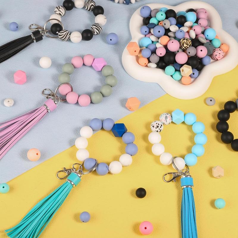 141pcs Silicone Beads Keychain Making Kit Pen Beads Silicone Beads Bulk Keychain Making Kit 15mm Silicone Beads Rubber Beads Keychain Making Supplies for Girls Bracelet Necklace Jewelry