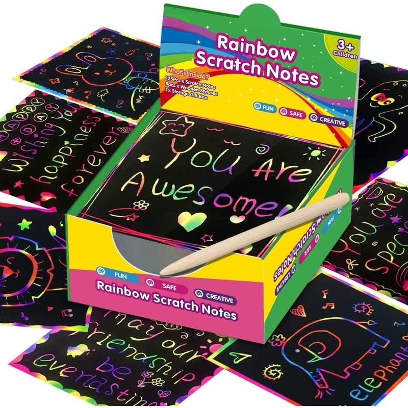 Rainbow Scratch Mini Art Notes - 125 Magic Scratch paper note cards,5 pens, suitable for children's toys Art crafts DIY party gift supplies, suitable for girls boys birthday Halloween Christmas stocking stuffing gift box