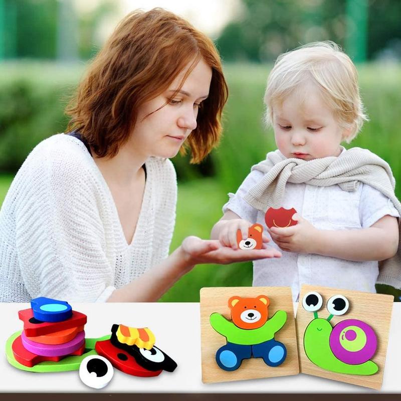 Wooden Jigsaw Puzzle Set, 6 Pack Animal Shape Block Preschool Educational Toy for Kids