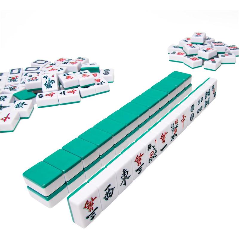 Mah Jong Classic Game with Two-Toned Tiles and Lined Wood Storage Case, Family Game for 4 Players Ages