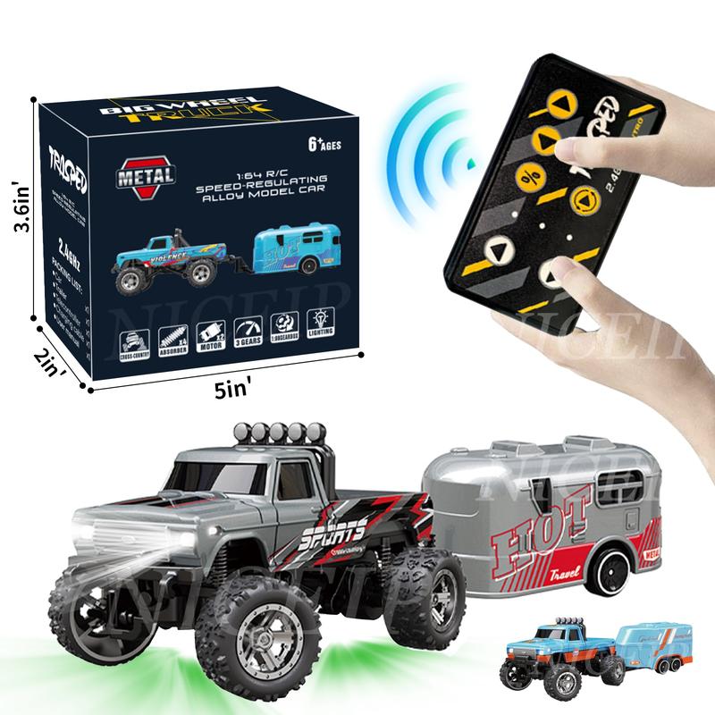 OEIN 1 64 Mini RC Monster Truck, Tiny Alloy RC Big Wheel Truck with RV, 24GHz RC Car, Remote Control Off-Road Vehicle with Body Light Taillight, USB Rechargeable, Suitable for All Terrain,Tiny Toys for Fun, Holiday Birthday Christmas Gifts for Boys Kids