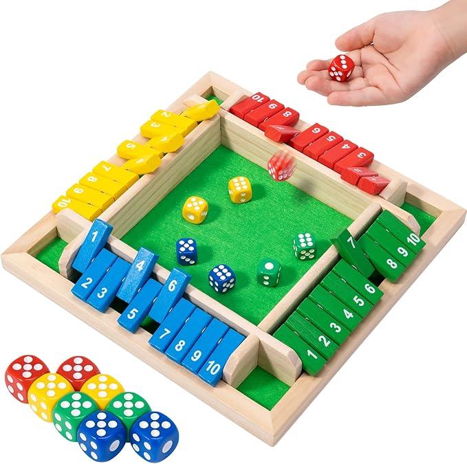 Wooden Closed Box Games (1-4 Players) - Large 4-Sided Board, 8 Dice, Rules - Fun Number Crunching Games For Children And Adults, 12 Inches, Wine Table Puzzle Games, Parent-Child Games