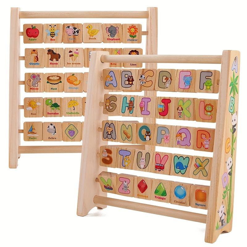 Wooden Flip Frame - Educational Toy with 26 English Letters, Animals & Fruit Cognitive Learning Blocks for Activities