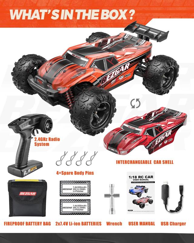 BEZGAR HM181 Hobby Grade 1:18 Scale Remote Control Monster Vehicle Trucks - 4WD Top Speed 35 Km h All Terrains Off Road RC Truck, Waterproof RC Car with 2 Rechargeable Batteries for  children  and Adults age 4+ giant gaspowered rccars rc car