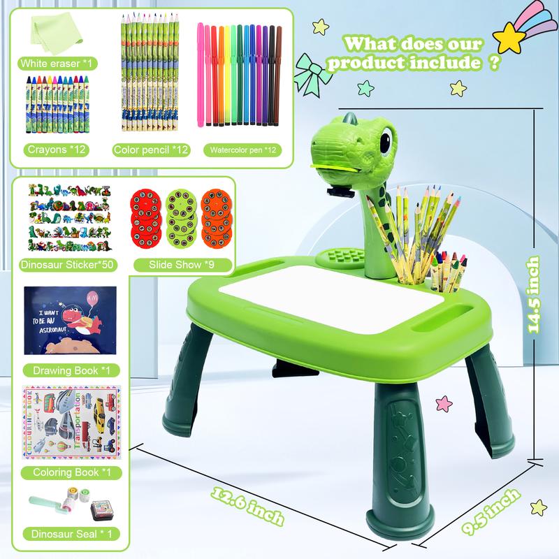 Dinasour Drawing Projector, Arts and Crafts for Boys, Contains Drawing Board with Music, Watercolor Pens, Pencils, Crayons, Scrapbook, Sticker Book, Unicorn Stickers, Stamps, Toys for Boys Age 3+