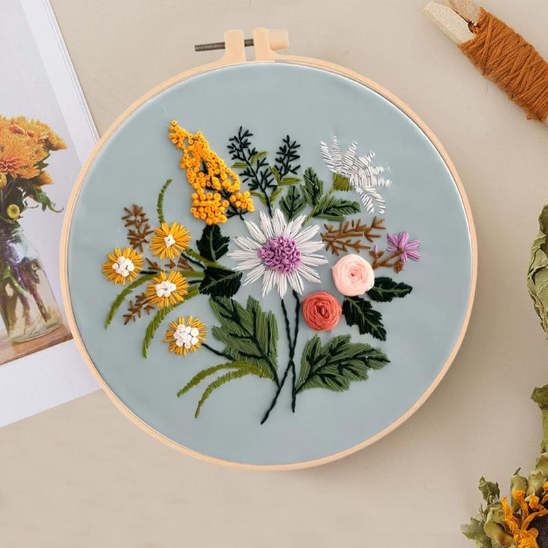 Flower Pattern DIY Embroidery Kit, 1 Set Embroidery with Hoop Suture Practice Kit for Adults, Handmade Unfinished Products Gifts