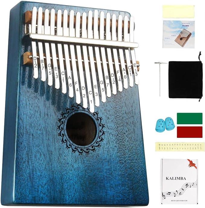 FLSEPAMB Kalimba 17 Key Thumb Piano with Mahogany Wood Portable Mbira Finger Piano Gifts for Kids and Piano Beginners Professional (Blue)