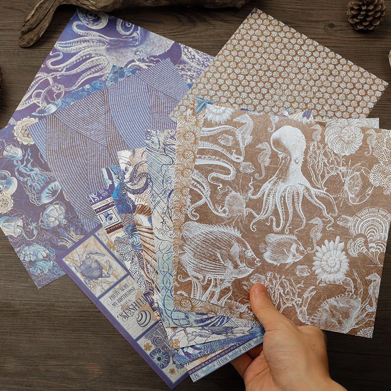16sheets Marine Life Themed Vintage Material Paper, Retro Handbook Background Paper, DIY Decoration For Scrapbooking & Journal Making