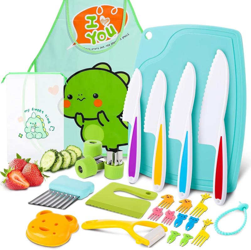 Chirstmas gift 25 PCS Kids Knife Set for Real Cooking, Toddler Kitchen Tools Kids Cutting Board and Knife Set with Peeler Fruit Vegetable Crinkle Cutters, Apron and Fruit Forks