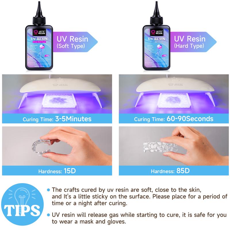 UV Resin Soft Type, 100g Elastic&Bendable Crystal Clear Ultraviolet Epoxy Resin, Low Shrinkage UV Resin Kit for Crafts, Jewelry Making, Decoration - LET'S RESIN