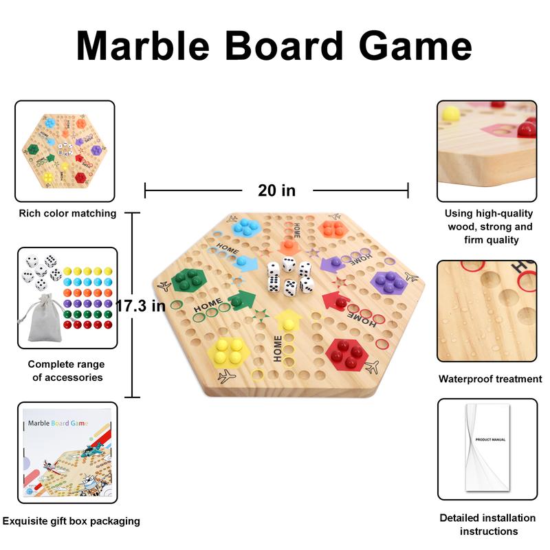 Large Size Original Marble Game Solid Wood 20 inch Wahoo Board Game Double Sided Painted Wooden Fast Track for 6 and 4 Players 6 Colors 24 Marbles 6 Dice for Family Friend