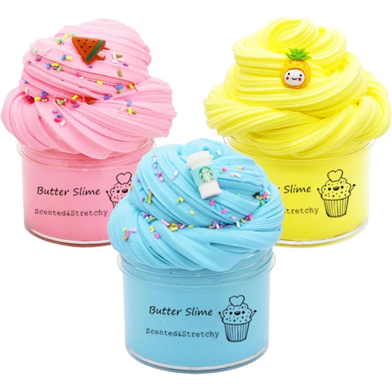 Butter Slime Kit 3 Pack Fidget Toy, Pink, Blue, Yellow Colored, Kids Party Favors, Goodies Bag Toy, Easter Egg Filling Stuffers, X'Mas Stocking Stuffers