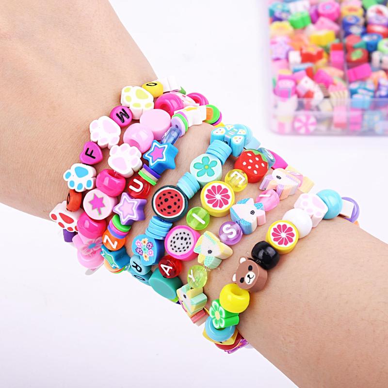 1000pack Polymer Clay Beads Bracelet Making kit, 24 Style Cute Fun Beads Fruit Flower Animal Cake Butterfly Heart Beads Charms for Jewelry Necklace Earring Making DIY Accessories for Women Girls