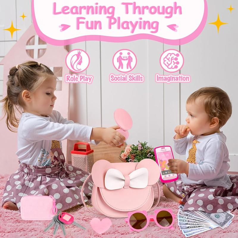 Christmas Gift Play Purse for Little Girls, 23PCS Toddler Purse with Pretend Makeup for Kids, Princess Toys Includes Crossbody Bag, Phone, Wallet, Keys, Kids Toy Purse Birthday Gift Toys for Girls 3 4 5 6+