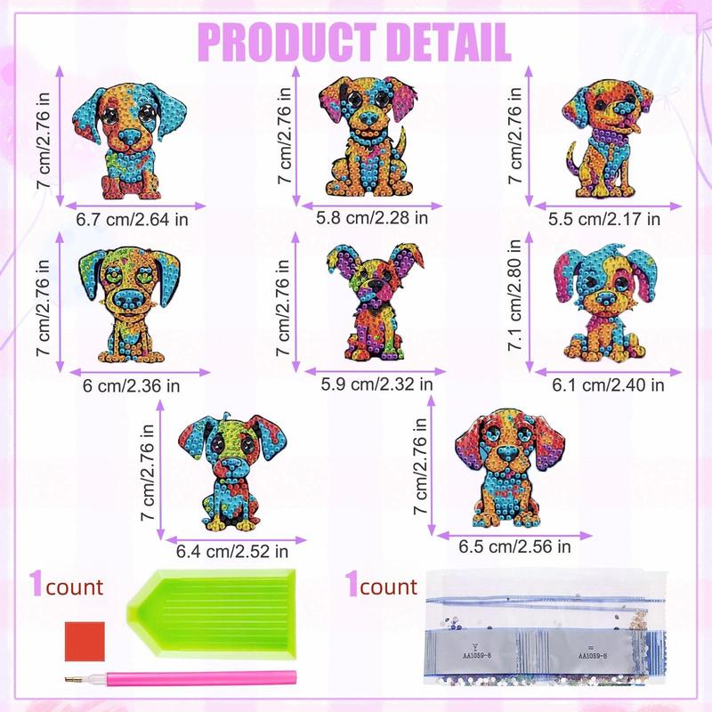DIY Diamond Arts Colorful Painting Kit, 8 Counts set Cute Dog Pattern Fridge Magnet, DIY Decorative Fridge Magnet for Car, Whiteboard, Notes, Memo, Photo