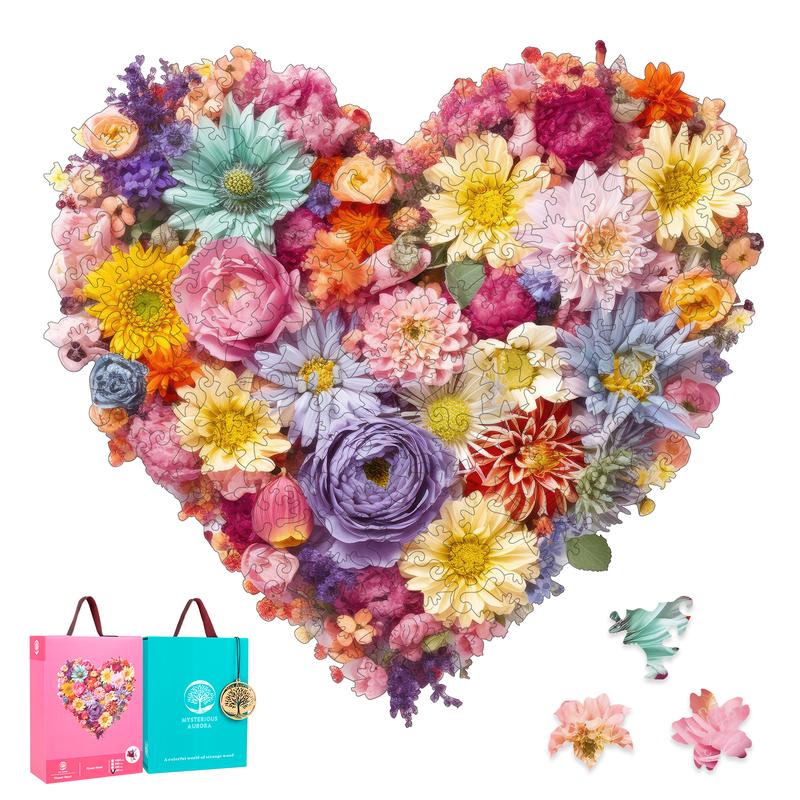 Flower Heart Mys Aurora Wooden Jigsaw Puzzle for Kids and Adults 200 Pcs Unique Shape Nice Box Packing Fun Challenging Brain Exercise Family Game Creative Gift for Friends Parents Grandparents Multicoloured