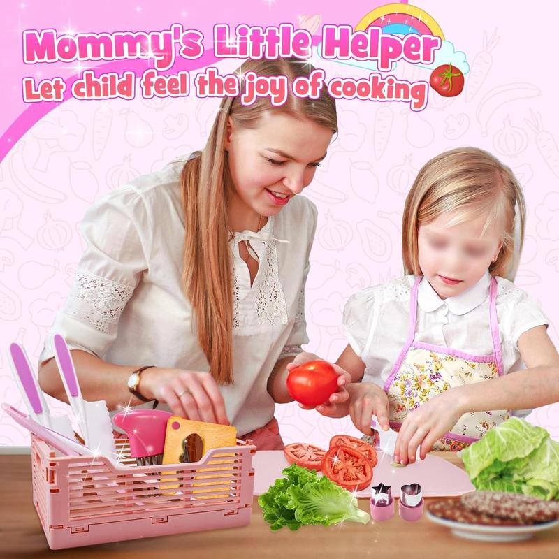 Girls Gifts Kids Knife Set for Real Cooking & Basket,Gifts Toys for 3 4 5 6 7 8 9 10 Year Old Girls Birthday Gifts,Montessori Toys Kitchen Tools for Toddlers Kids Cooking Sets Real,Learning Girls Toys