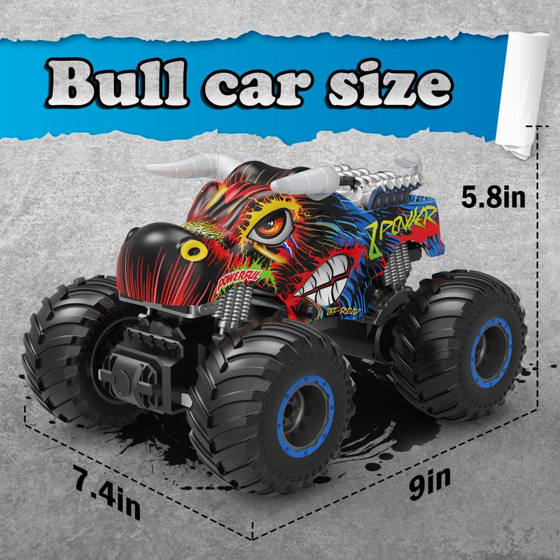 RC Monster Trucks for Boys Age 4-7 8-12 Year Old - RC Bull Car Toys for Kids, Ideas Christmas and Birthday Gifts, 2.4 GHz Multi-Terrain Off-Road Car with Music Lights Spray