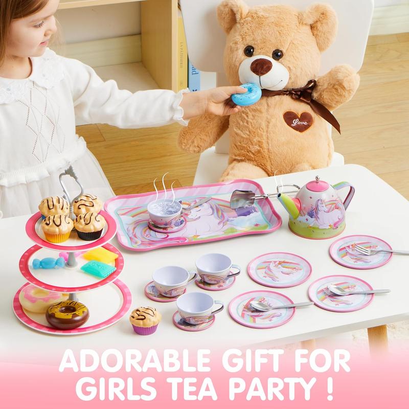 35Pcs Unicorn Tea Party Set for Little Girls, Pretend Tin Teapot Set, Princess Tea Time Play Kitchen Toy with Dessert, Doughnut, Carrying Case for Birthday Easter Gifts Kids Toddlers Age 3 4 5 6