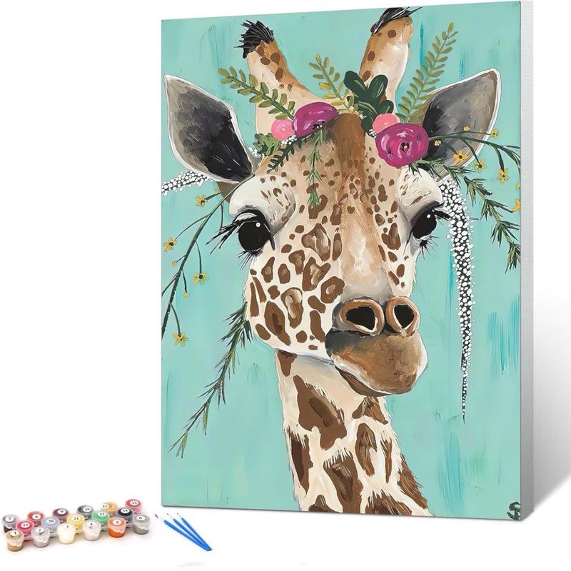 Paint by Numbers Kit for Adults Beginner & Kids Ages 8-12 with Wooden Frame Easy Acrylic on Canvas 9x12 inch with Paints and Brushes, Giraffe(Include Framed)