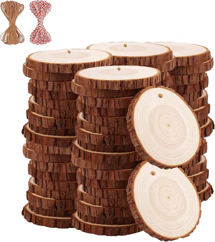 Natural Wood Slices Kit for DIY Crafts - 50 Pcs, 2.4-2.8 Inches, Predrilled with Hole, Wooden Circles for Wedding Decorations, Christmas Ornaments