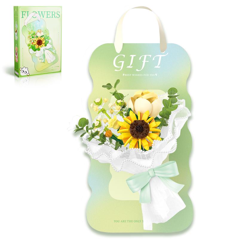 Flower Bouquet Building Set with Greeting Card, Multifunctional Design for Handheld Bouquet, Display, or Hanging Ornament, Perfect Gift for Sweet Lovers or Friends.