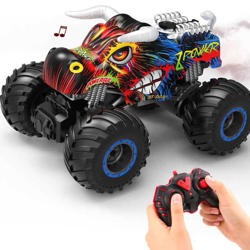 RC Monster Trucks for Boys Age 4-7 8-12 Year Old - RC Bull Car Toys for Kids, Ideas Christmas and Birthday Gifts, 2.4 GHz Multi-Terrain Off-Road Car with Music Lights Spray