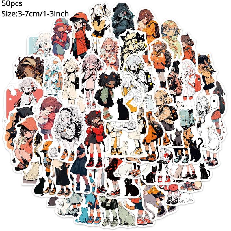 50pcs Cartoon Girl & Cat Series Graffiti Sticker, Self-adhesive Decorative Stickers, Diy Decals For Water Bottle, Laptop, Phone Case, Scrapbooking, Journal Making