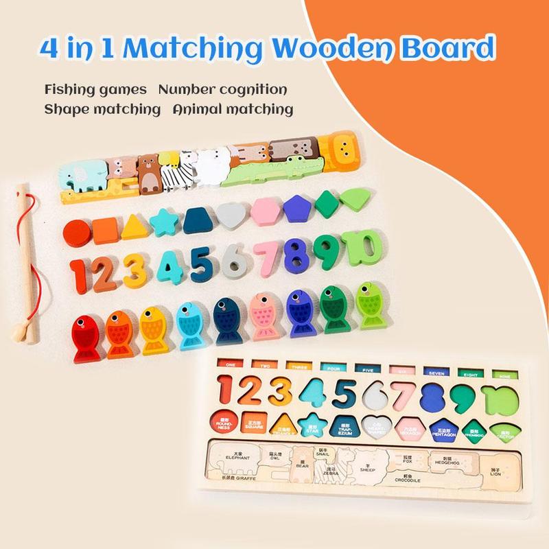 4 in 1 Wooden Puzzle Board, Shape & Number Matching Puzzle Game, Animal Puzzle Board, Educational Toy for Gift