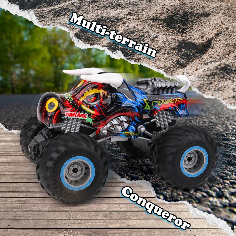 RC Monster Trucks for Boys Age 4-7 8-12 Year Old - RC Bull Car Toys for Kids, Ideas Christmas and Birthday Gifts, 2.4 GHz Multi-Terrain Off-Road Car with Music Lights Spray