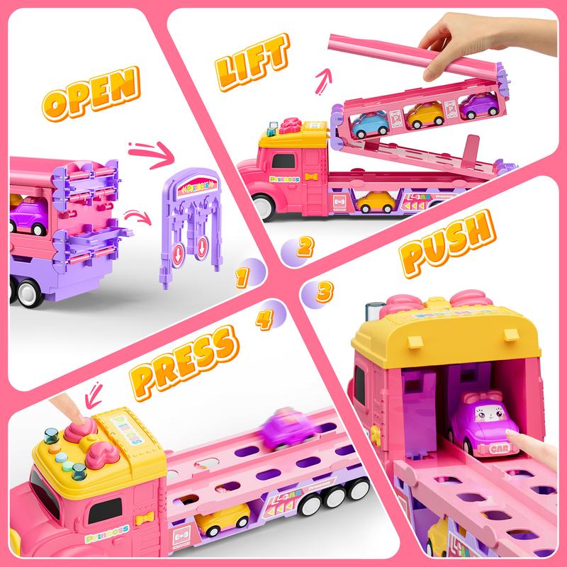 Toddler Toys for 2 3 4 5 Years Old Girls, 7-in-1 Foldable Ejection Trucks for Toddlers 2-4 Years, Toys for 4 Year Old Girls with Light & Music, Birthday Gift for 2 3 4 5 Year Old Girl