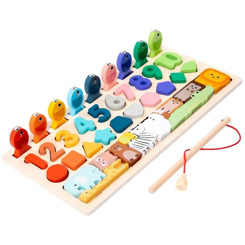 4 in 1 Wooden Puzzle Board, Shape & Number Matching Puzzle Game, Animal Puzzle Board, Educational Toy for Gift