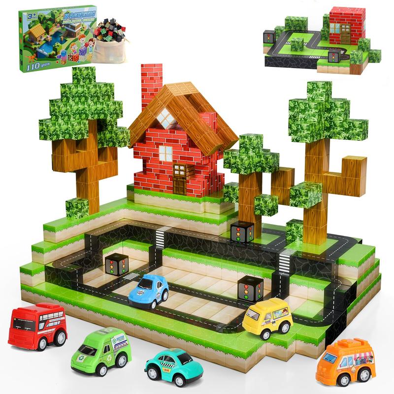  Magnetic Blocks-100PCS Magnetic Building Blocks Magnetic Tiles Stacking, Build-Magnet-World Set, STEM Montessori Sensory Toy smagnet blocks（110 City & Car）