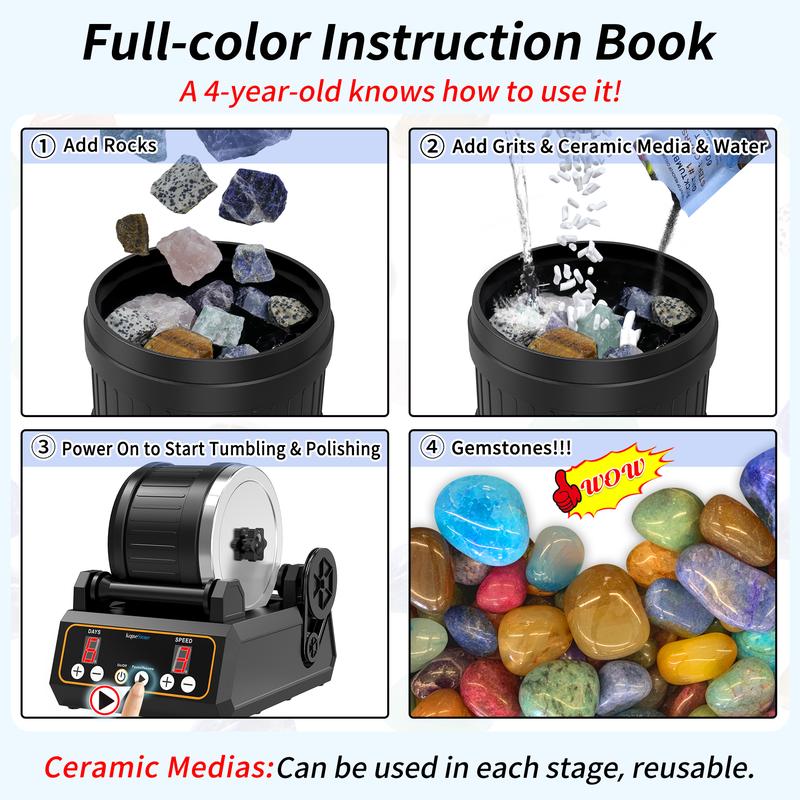 KomeStone K1 Professional Rock Tumbler Kit, Large 2.5LB Capacity - Memory Function, Digital Timer & Variable Speeds, DIY Stunning Beading & Jewelry