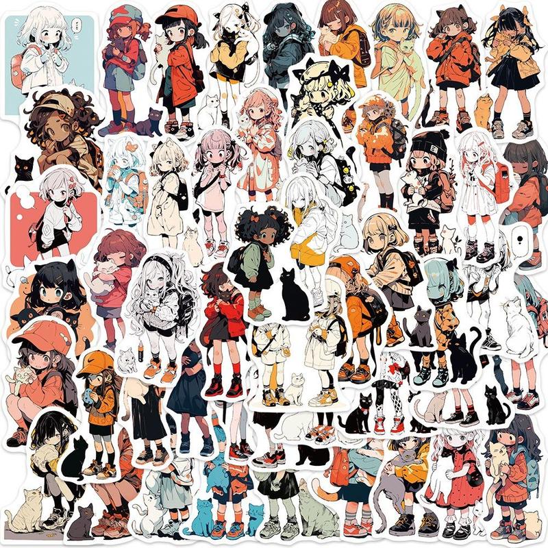 50pcs Cartoon Girl & Cat Series Graffiti Sticker, Self-adhesive Decorative Stickers, Diy Decals For Water Bottle, Laptop, Phone Case, Scrapbooking, Journal Making
