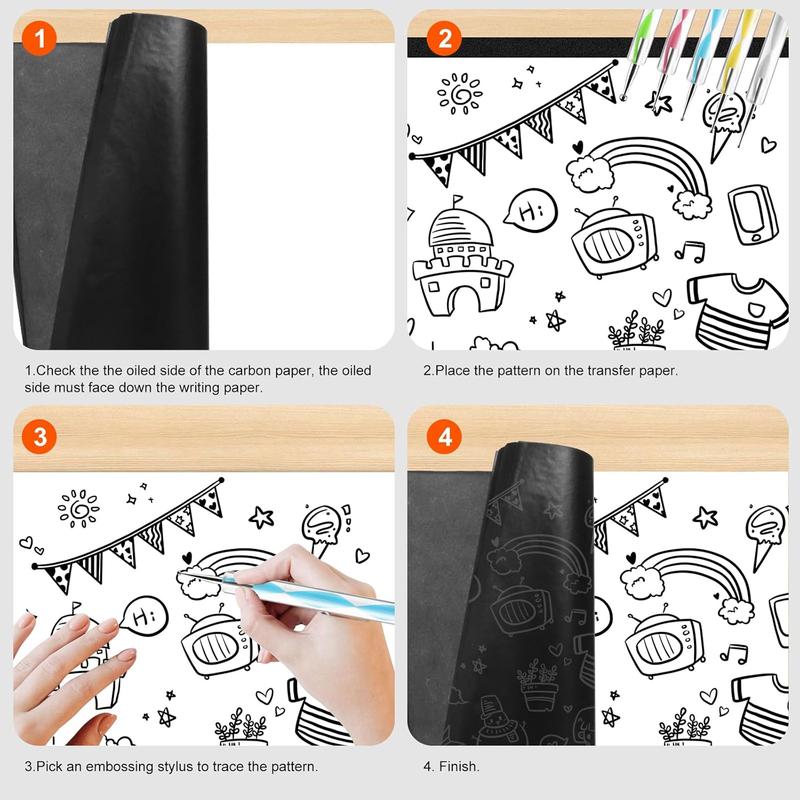200 Sheets Carbon Paper Black Graphite Paper Transfer Tracing Paper and 5 Pieces Ball Embossing Styluses for DIY Woodworking