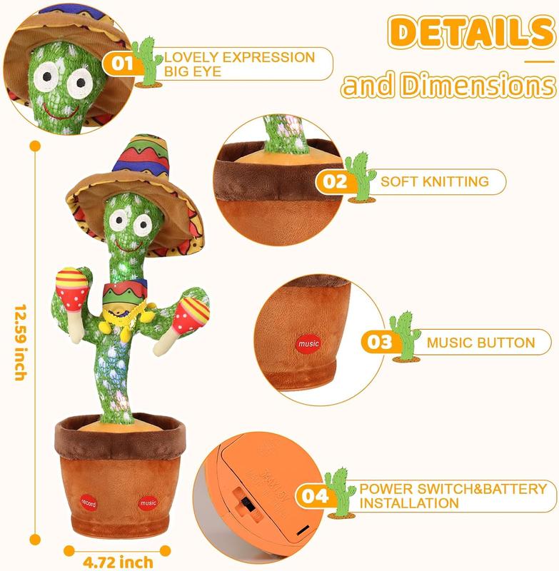 EMOIN Drum Cactus Toy, Talking Singing cactus Toys, Repeats & Recording What You Say Toys, Mimicking Interactive toy, Interesting birthday Gift