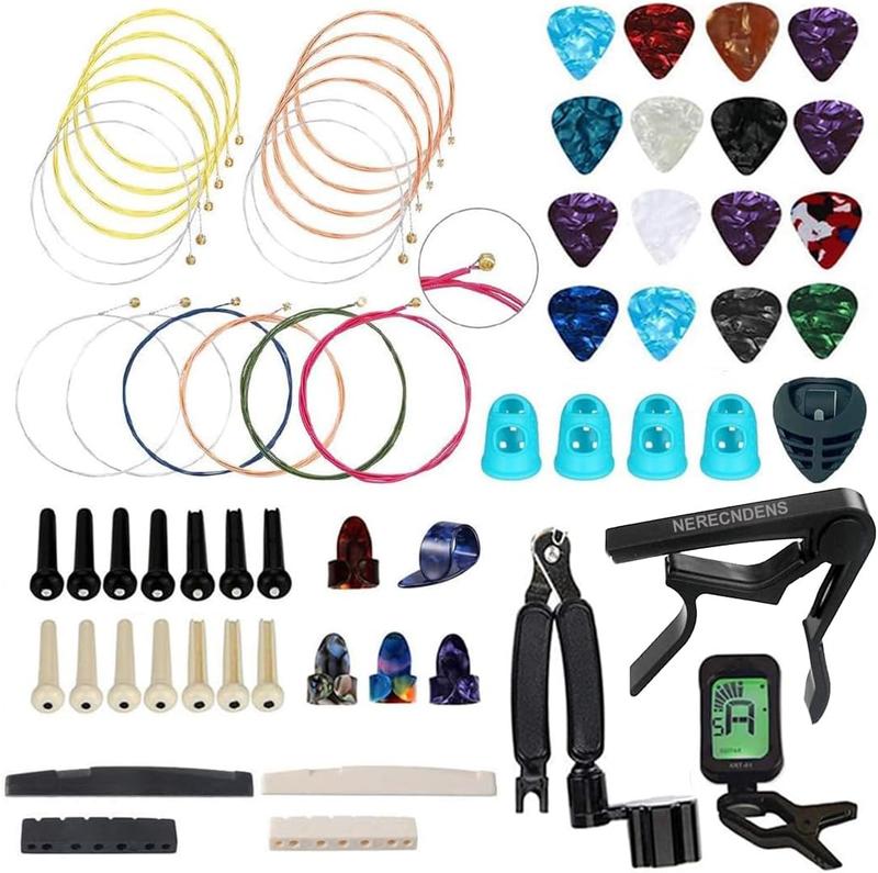 66PCS Guitar Accessories Kit - Acoustic Strings, Picks, Capo, Winder & Cutter, Tuner, Bones