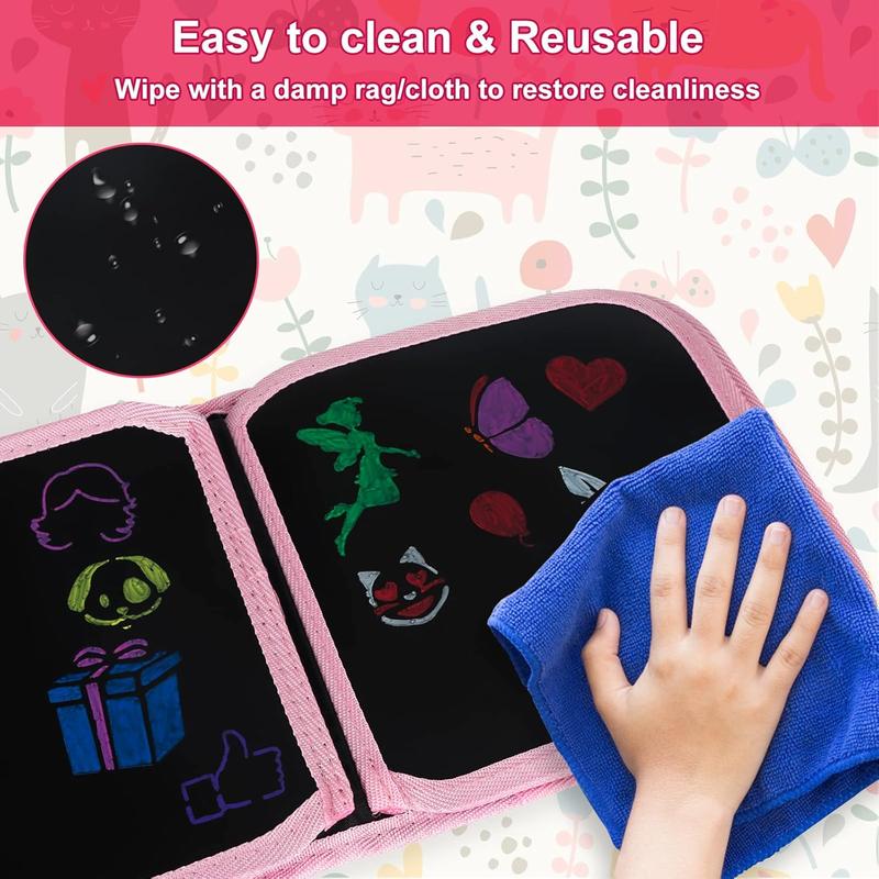 Erasable Book Doodle Set for Kids,Magic Drawing Book for Kids,Reusable Drawing Book 12 Watercolor Pens 14 Page Drawing,Road Trip Car Game Writing Painting Set for Boys and Girls (Cat Pink)
