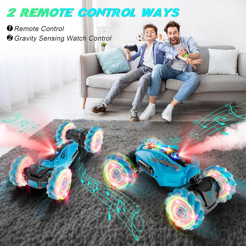 Gesture Sensing RC Stunt Car, Double-Sided Driving 360° Rotating Car Toy, Large 4WD Remote Control Car for Boys Girls Birthday Gift, All Terrain RC Cars with Spray (Blue)