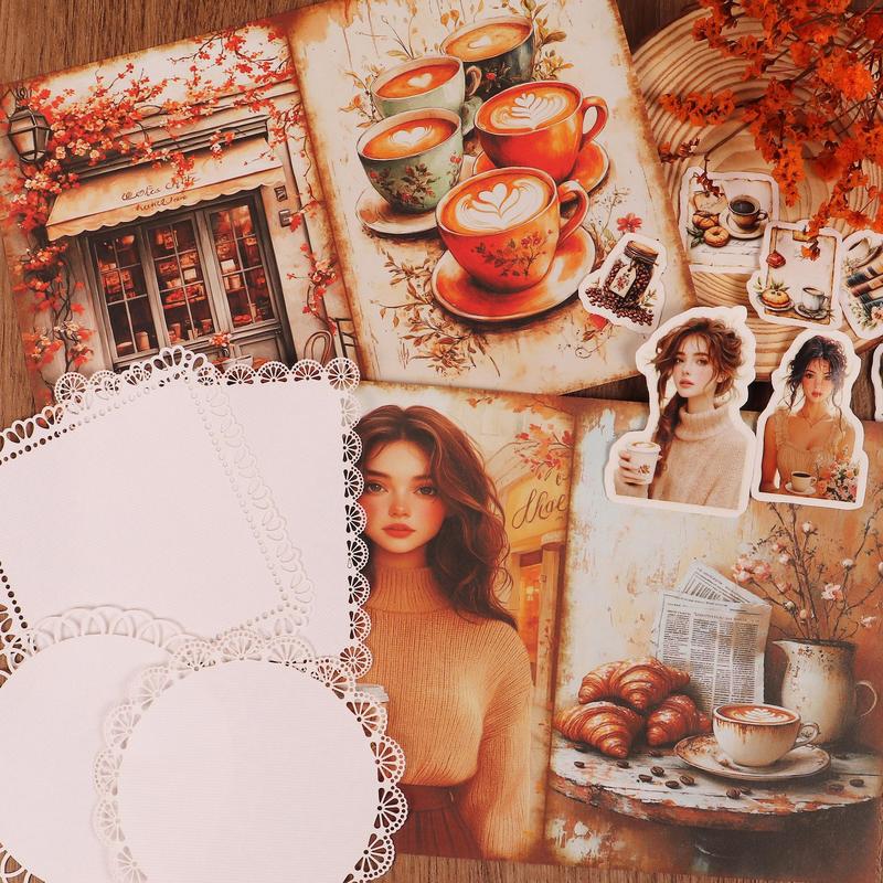 Leisure Coffee Theme DIY Junk Journals Kit, 66pcs set Including Hollow Textured Decoration Paper & Sticker, Scrapbooking Supplies, DIY Crafts